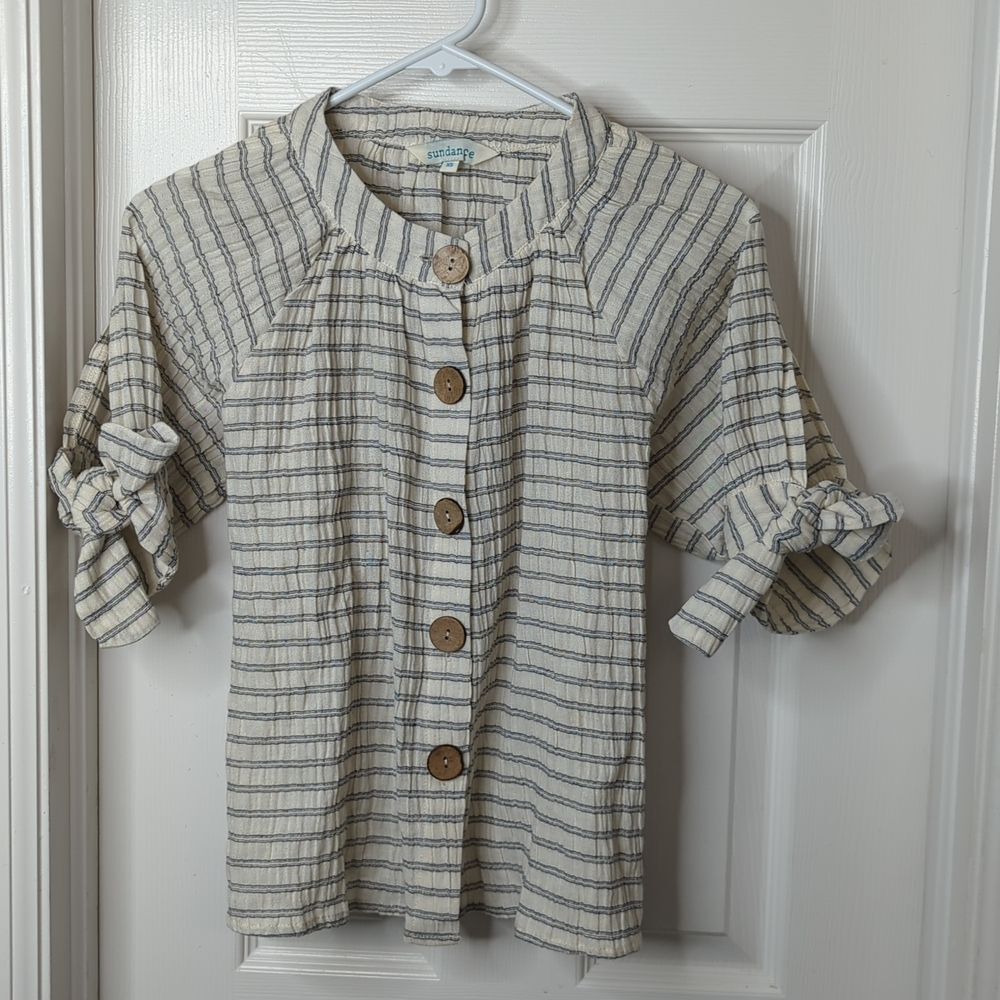 Sundance cotton crinkle short sleeve button down blouse size XS
